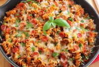 Skillet Pizza Pasta with Gooey Cheese and Crispy Toppings