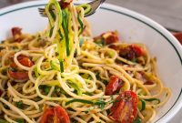 Zucchini Noodles with Roasted Cherry Tomatoes and Garlic