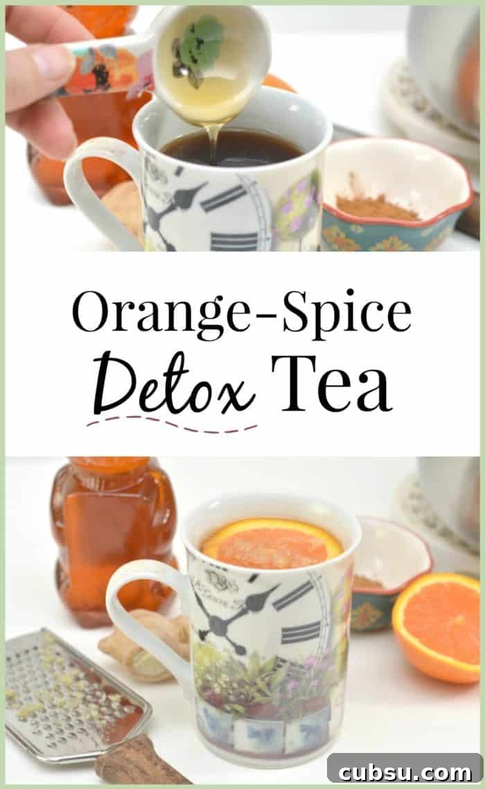 Citrus Spice Detox Tea Recipe for Gut Cleansing and Energy 6 Image shows two photos of orange detox tea. The top photo shows a hand pouring honey into a mug of orange detox tea, and the bottom image shows the mug of tea surrounded by the ingredients to make it, honey, ginger and a sliced orange. In between the two images is text that reads