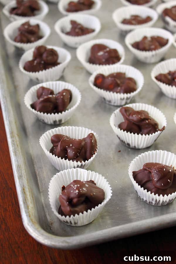Cherry Almond Clusters: No-Bake Chocolate Snack Bites 2 Cherry Almond Clusters in individual mini muffin liners laid out on a baking sheet
