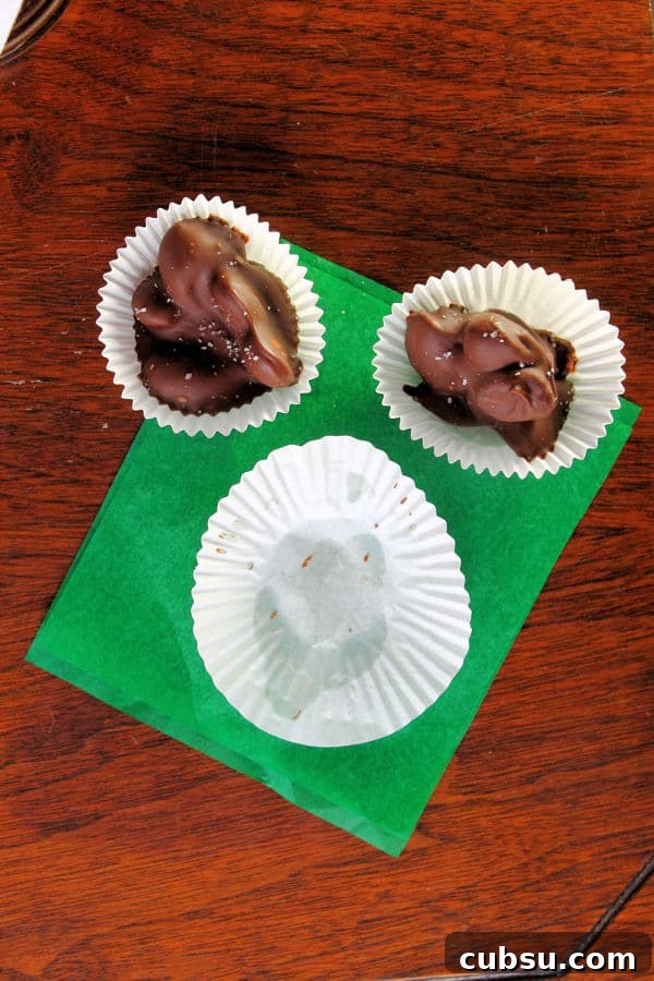 Cherry Almond Clusters: No-Bake Chocolate Snack Bites 3 three mini muffin liners with two full of Cherry Almond Clusters and one empty because it's already been eaten, all sitting on a green napkin