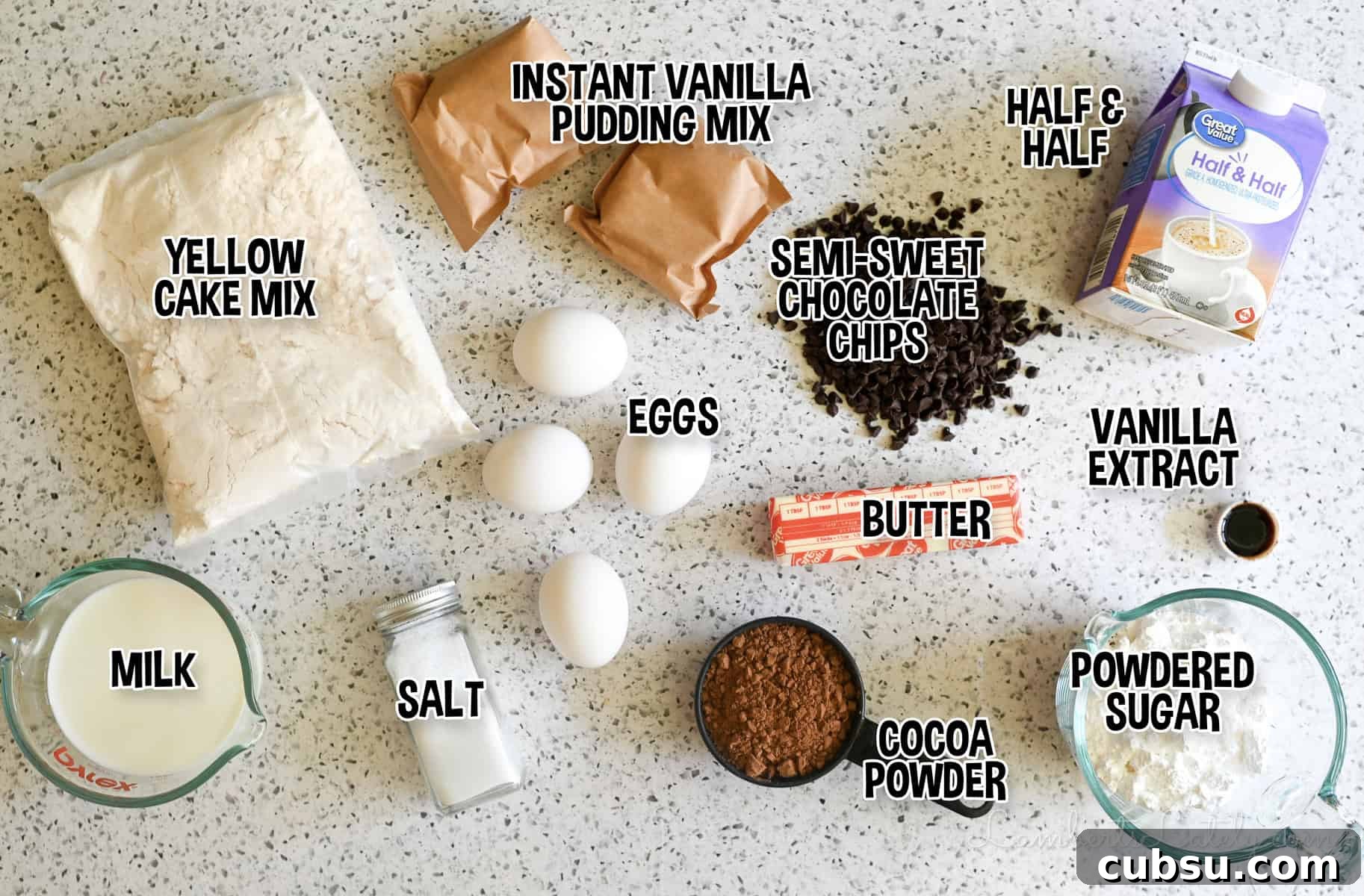 ingredients for boston creme poke cake.