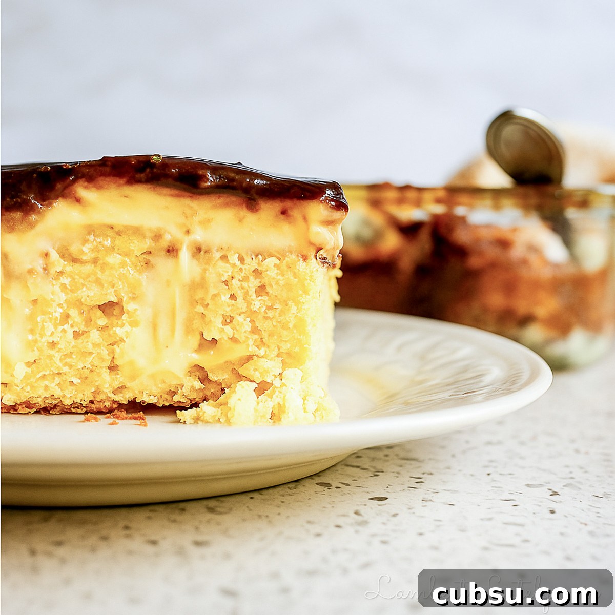 looking at the side of a piece of boston creme poke cake.