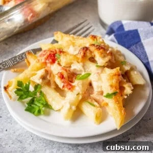A plate with baked pasta with cheese and tomatoes.