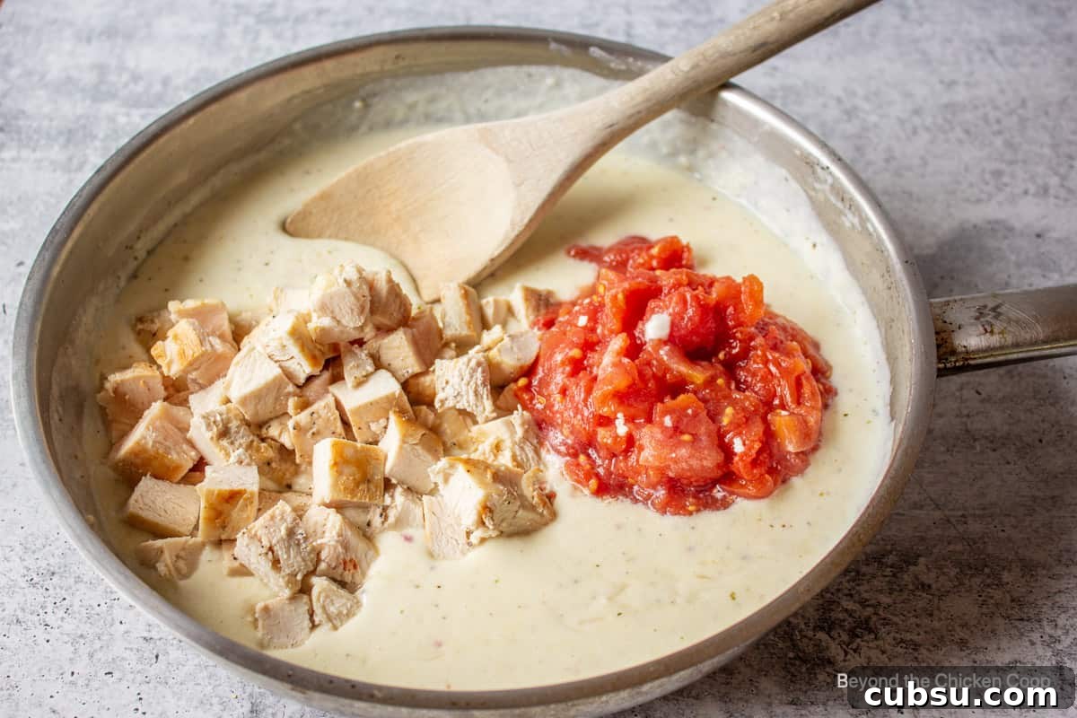 Chunks of chicken and diced tomatoes added to a creamy sauce.