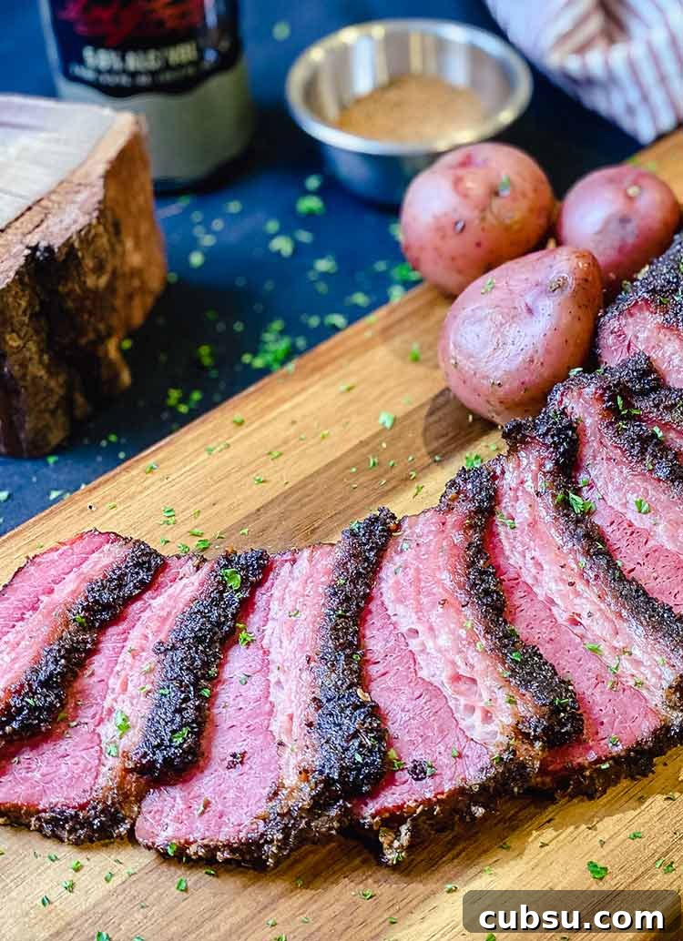 Smoked and Beer-Braised Corned Beef Recipe for Tender, Flavorful Meat 2 picture of sliced corned beef brisket