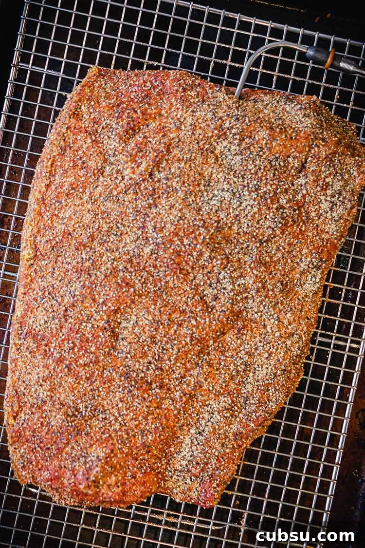 Smoked and Beer-Braised Corned Beef Recipe for Tender, Flavorful Meat 8 brisket on a rack with thermometer probe in thickest part near the top