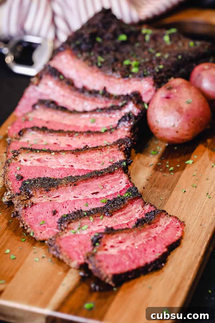 Smoked and Beer-Braised Corned Beef Recipe for Tender, Flavorful Meat 12 Smoked and beer braised corned beef on a cutting board with potatoes and a block of hickory