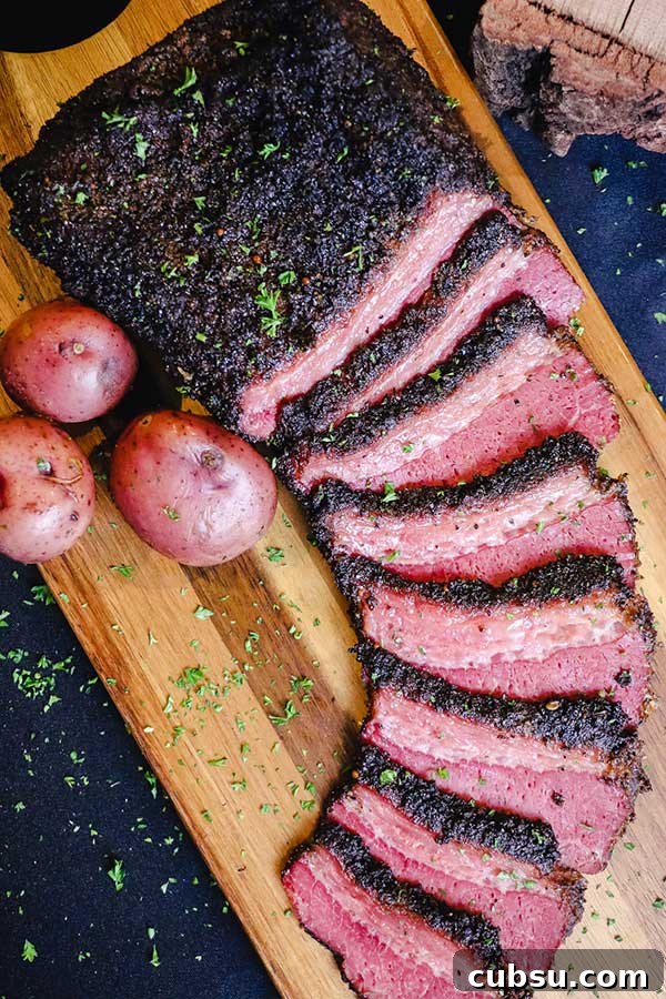 Smoked and Beer-Braised Corned Beef Recipe for Tender, Flavorful Meat 13 Smoked and beer braised corned beef, sliced on a cutting board with red potatoes