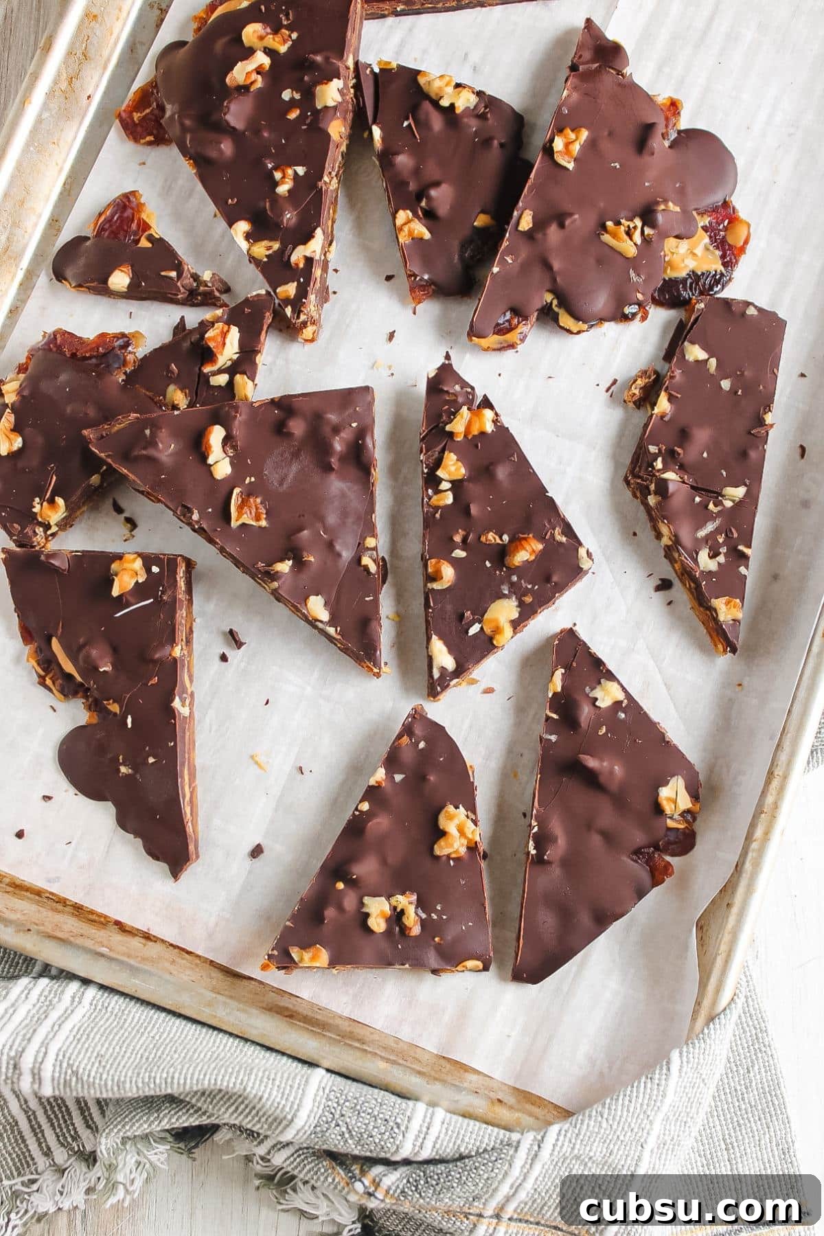 25 Holiday Desserts and Treats to Bake This Season 2 A sheet pan with parchment paper and sliced chocolate date bark.