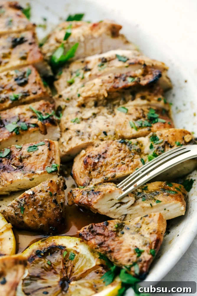 Finished marinated chicken sliced on a plate.