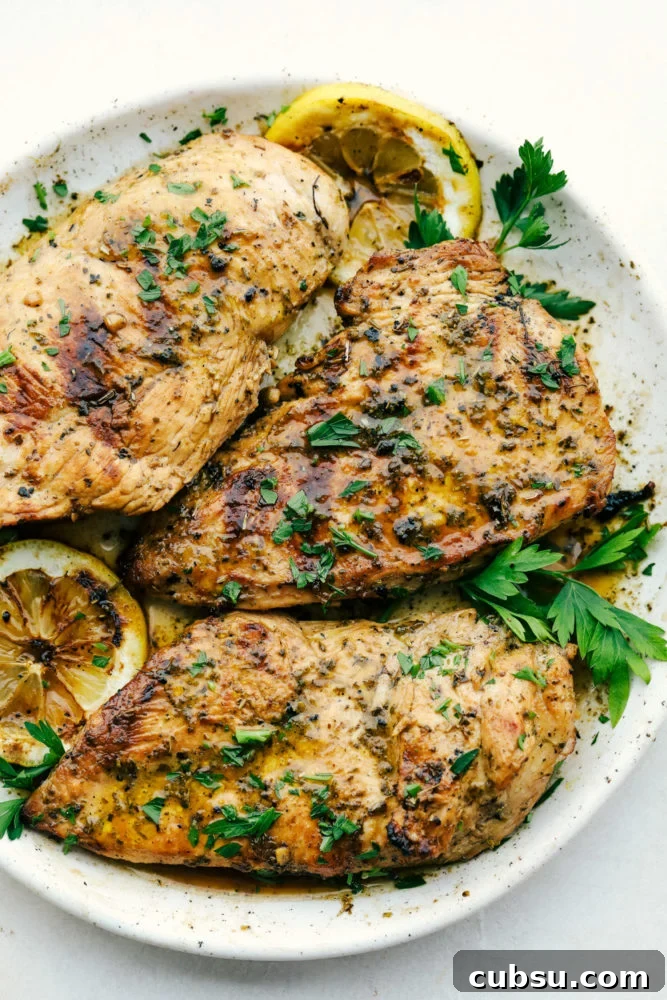 Cooked marinated chicken on a plate with green garnish.