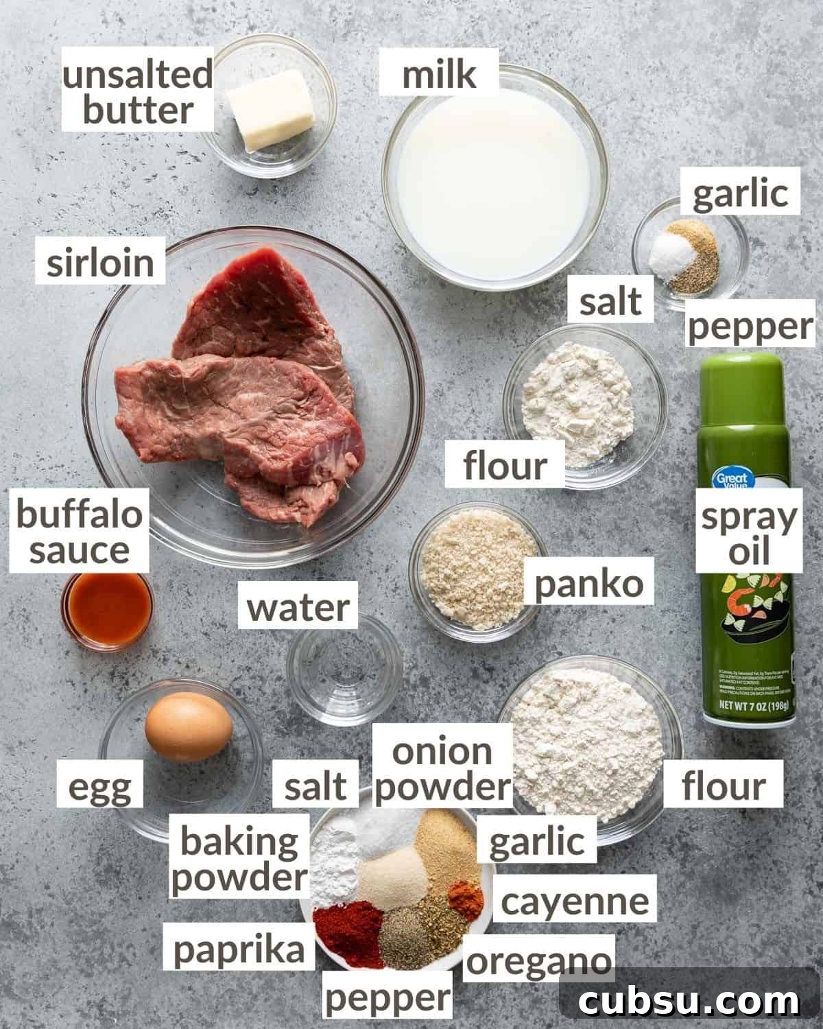 Ingredients needed to make chicken fried steak in the air fryer.