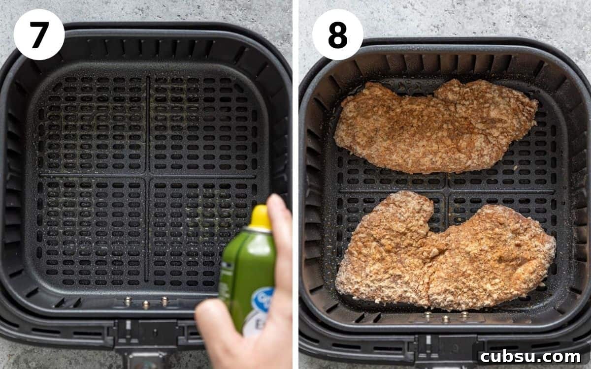 breaded steak placed in air fryer basket