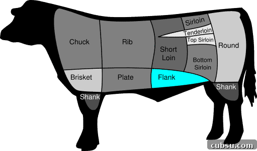 Top Cuts for Homemade Beef Jerky (+Video) 7 A drawing of a cow showing where the flank steak is from, the belly