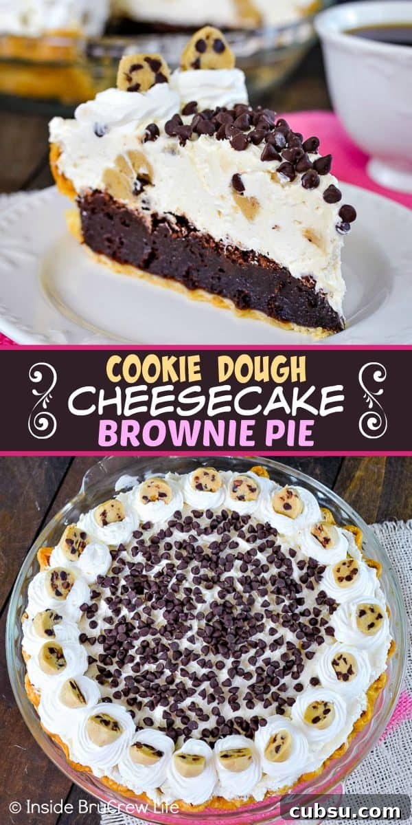 Cookie Dough Cheesecake Brownie Pie Cookie Dough Cheesecake Brownie Pie - a sweet brownie pie topped with a no bake cookie dough cheesecake will have everyone going back for another slice.