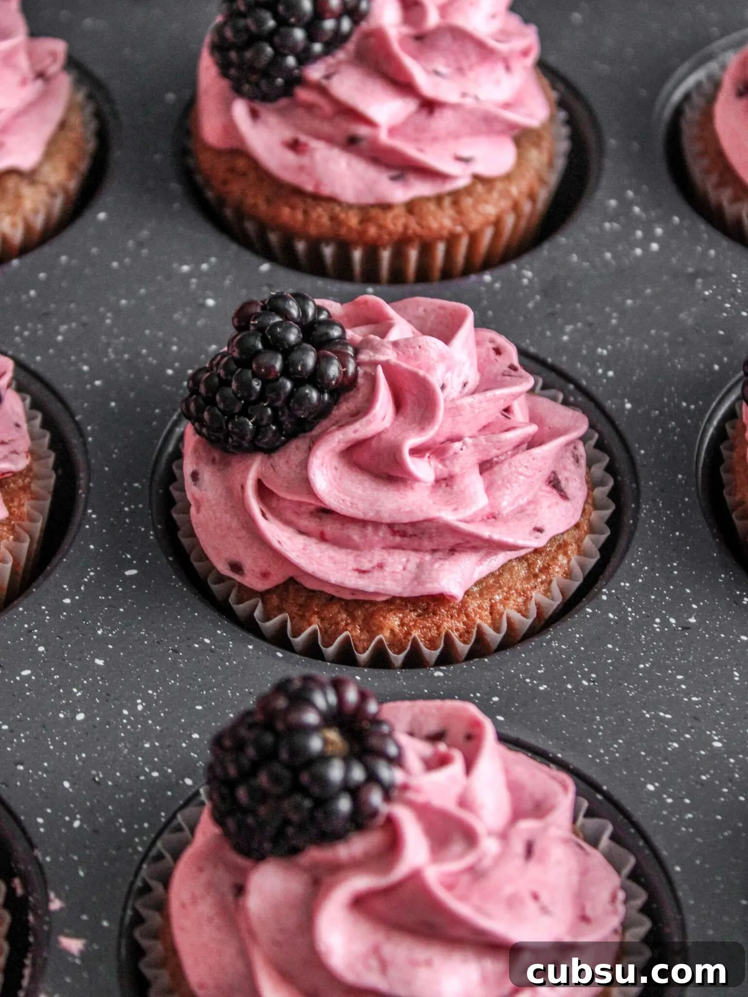 Muffins vs Cupcakes: Key Differences, Taste & Baking Tips 8 frosted blackberry cupcakes in cupcake tin (1)
