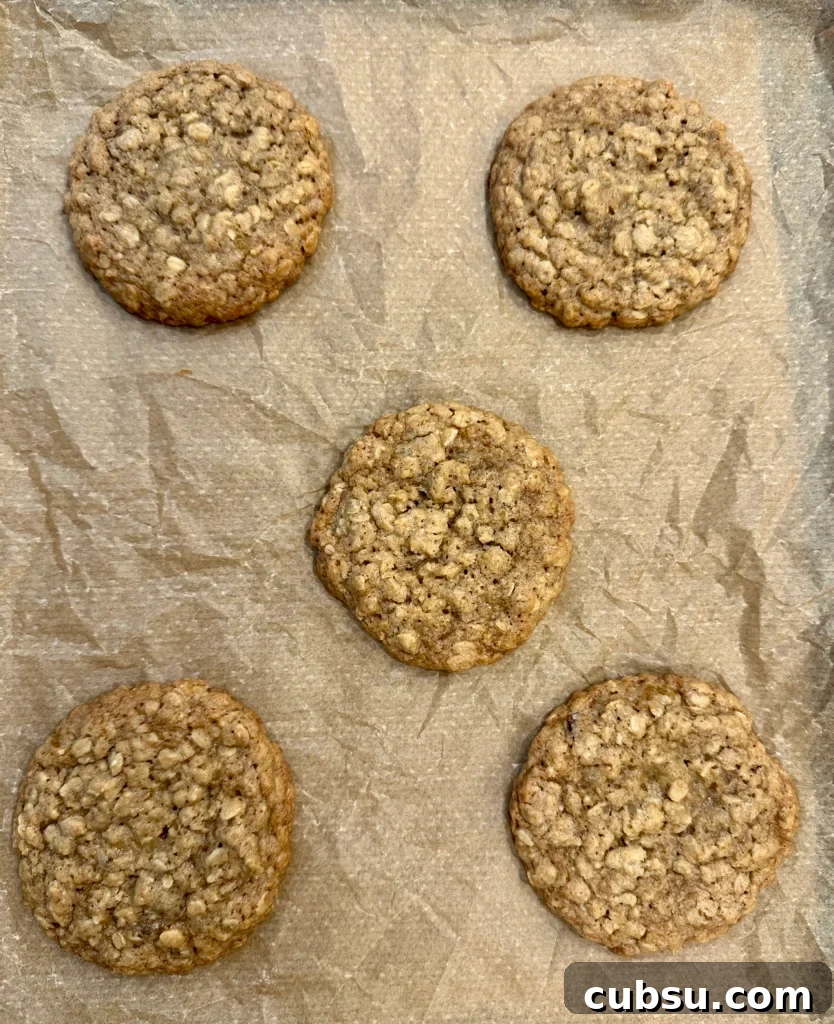 Zesty Lemon Oatmeal Cookies with a Refreshing Iced Glaze 6 Five oatmeal cookies on a parchment paper lined tray.