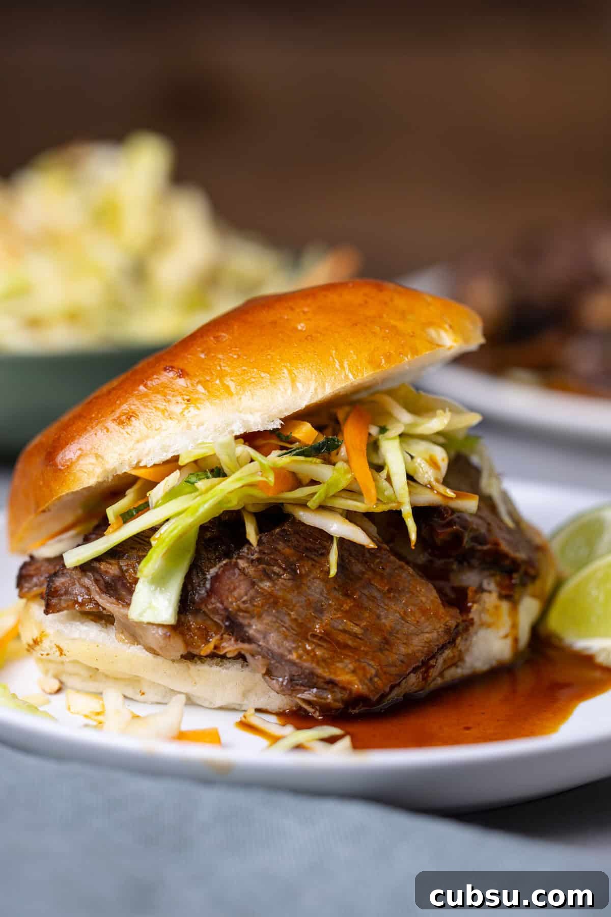 Citrus Slaw Braised Beef Sliders – Tangy Gourmet Sandwiches 9 A close up of a braised beef slider topped with citrus slaw.