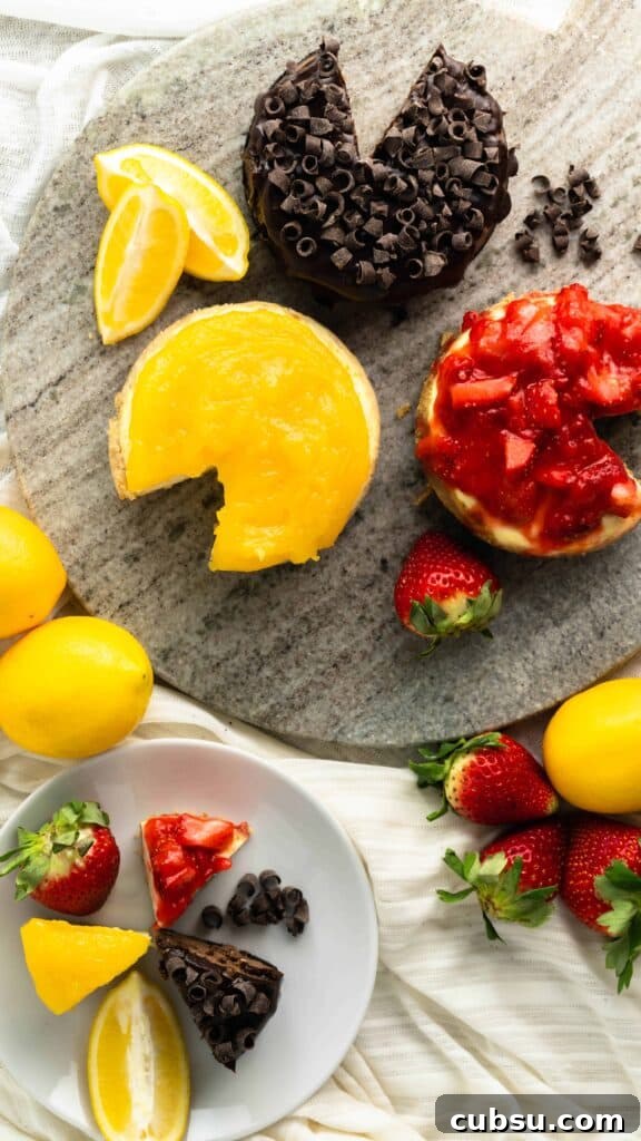 Instant Pot Strawberry Cheesecake Recipe — Creamy One-Pot Dessert 6 Chocolate, Meyer Lemon, and Strawberry Mini Cheesecakes on platter.