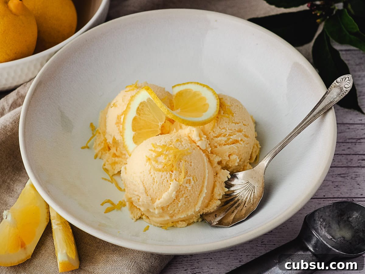 Creamy Lemon Ice Cream Recipe: Bright, Tangy Homemade Treat 2 Three scoops of ice cream in a bowl with a spoon on the side and fresh lemons and ice cream scoop in the background.