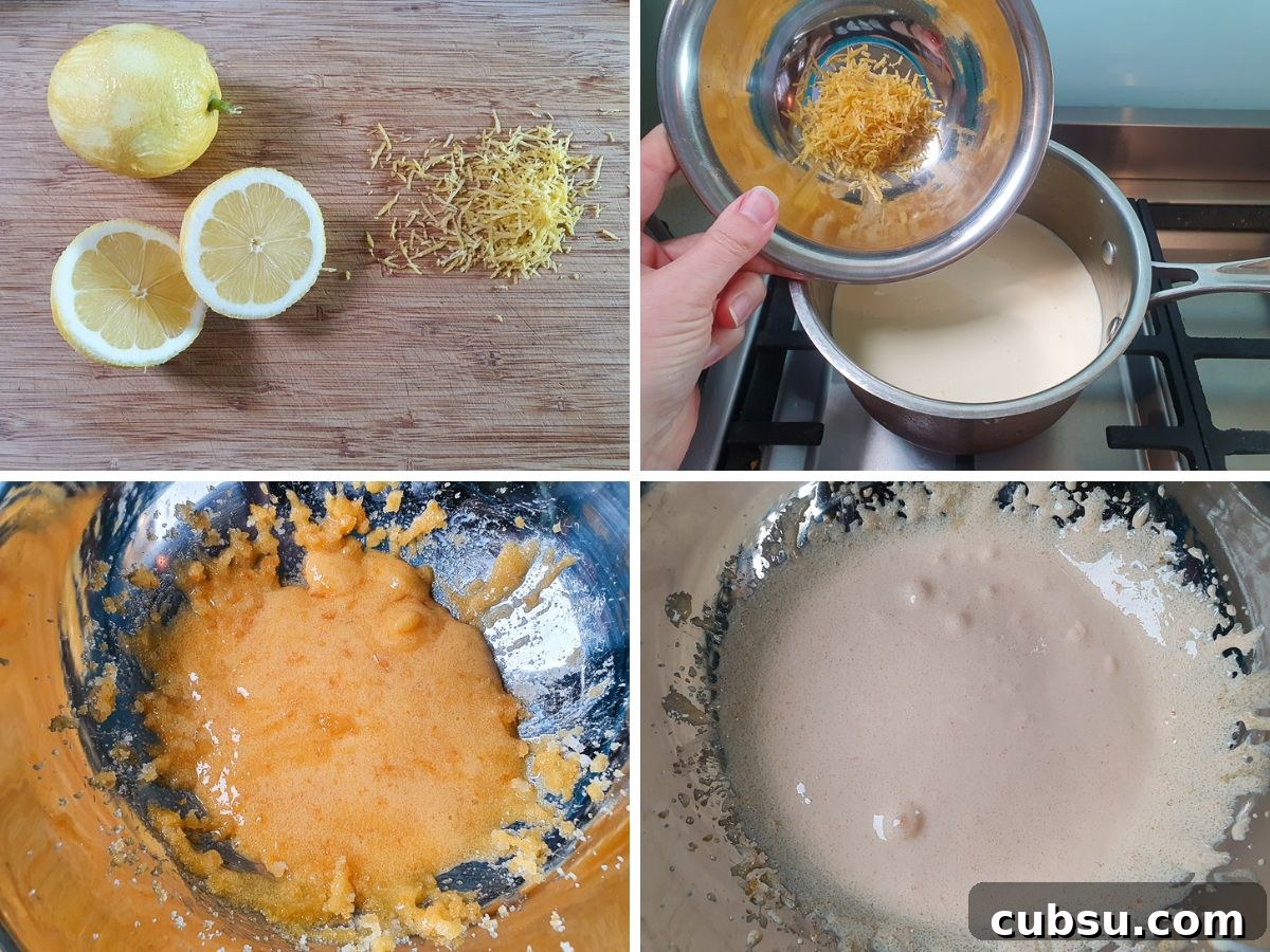 Creamy Lemon Ice Cream Recipe: Bright, Tangy Homemade Treat 5 Process shots: zesting and juicing lemons, adding zest to warming cream and milk, sugar and egg yolk yellow to start and very pale once beaten.