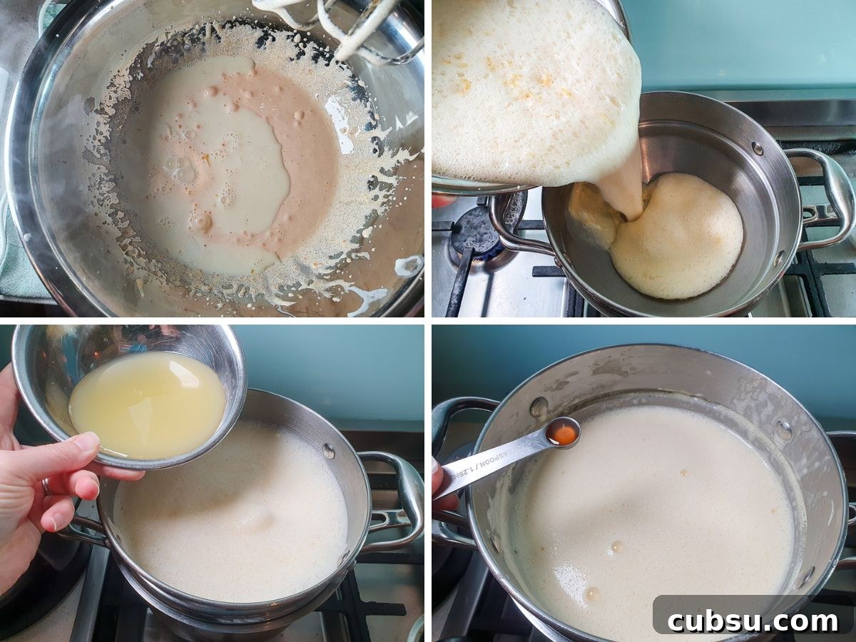 Creamy Lemon Ice Cream Recipe: Bright, Tangy Homemade Treat 6 Process shots: adding warmed dairy to sugar and yolks to temper, adding mix to double boiler, adding lemon juice, adding vanilla extract.