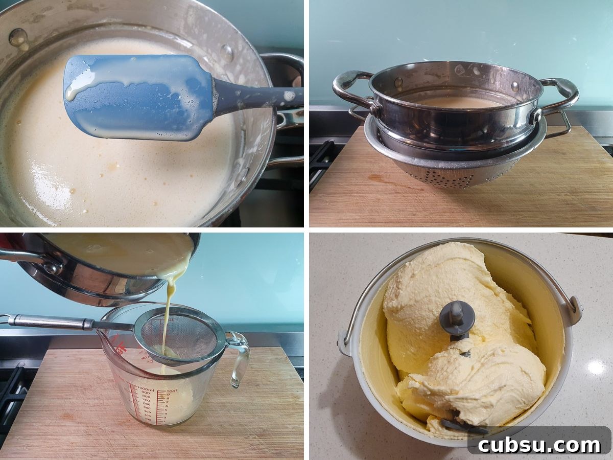 Creamy Lemon Ice Cream Recipe: Bright, Tangy Homemade Treat 7 Process shots: mix ‘holding the line’ when you run your finger through it on a spatula, double boiler in colander to cool, straining mix, churned ice cream.