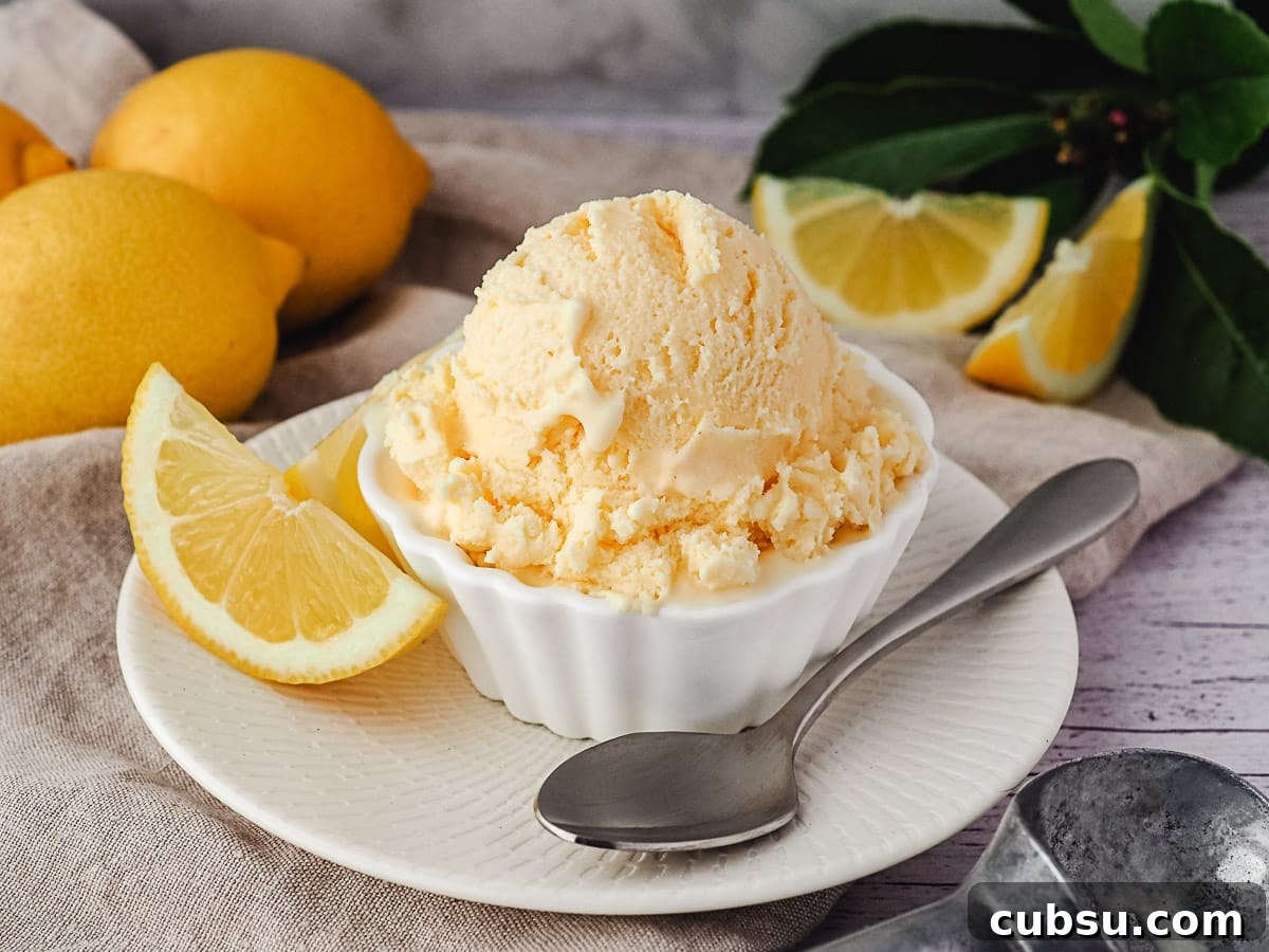 Creamy Lemon Ice Cream Recipe: Bright, Tangy Homemade Treat 9 Scoop of ice cream in a bowl with spoon on the side, with fresh lemons and ice cream scoop in the background.