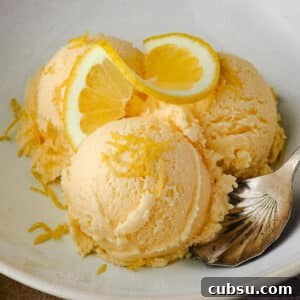 Creamy Lemon Ice Cream Recipe: Bright, Tangy Homemade Treat 10 Close up three scoops of ice cream garnished with fresh lemon.