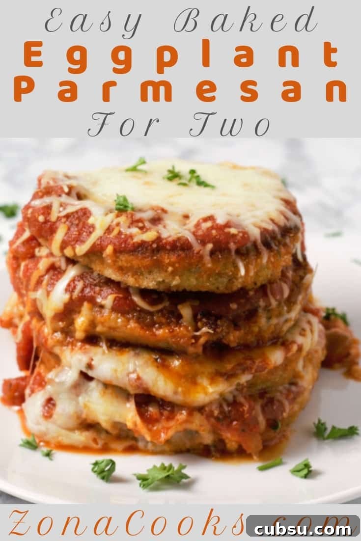 Crispy Oven-Baked Eggplant Parmesan Recipe 2 a graphic of stacked Eggplant Parmesan for Two on a plate