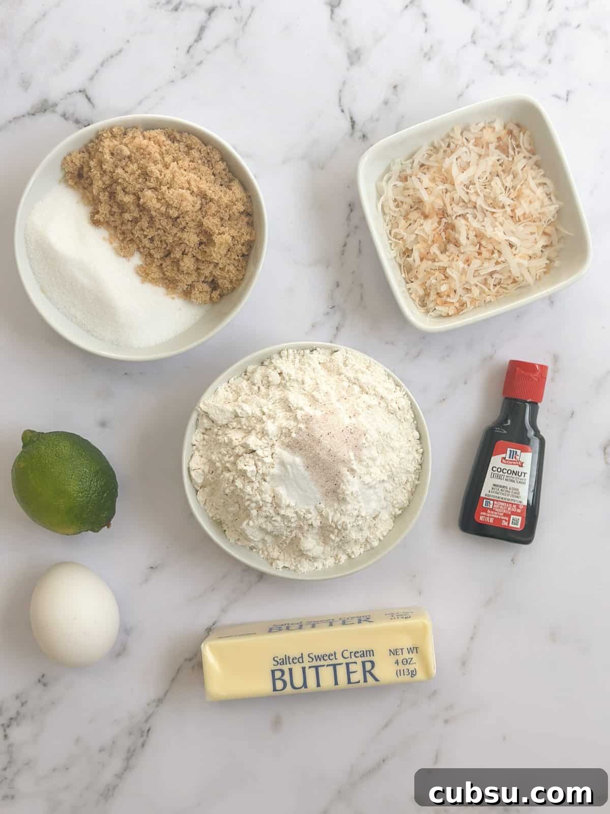 Zesty Lime Coconut Cookies Recipe for Fresh Tropical Flavor 4 all ingredients needed to make these lime coconut cookies.