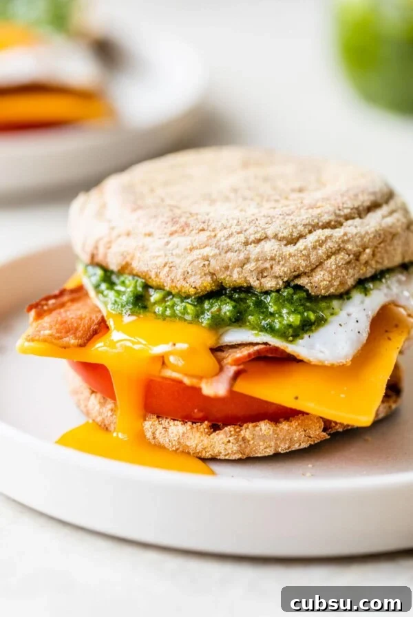 Make-Ahead Breakfast Burritos for Busy Mornings 14 english muffin on a plate topped with tomato, sliced cheese, fried egg, and bacon