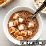 oat milk hot chocolate in a white mug with marshmallows