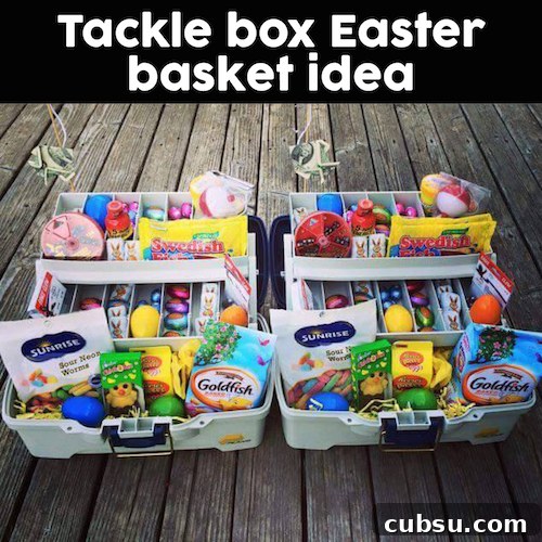 Creative Easter Decorating Ideas for a Stylish Holiday 13 Tackle Box Easter Basket - great idea! Filled with gummy worms, goldfish crackers, Swedish fish, Easter candy, and plastic eggs in all the compartments. Throw in some actual bait/fishing supplies too!