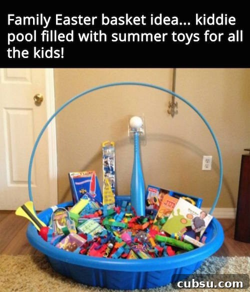 Creative Easter Decorating Ideas for a Stylish Holiday 3 A family Easter basket idea - neat! Fill up a plastic pool with a bunch of stuff and use a hula hoop to make it look like a real basket.