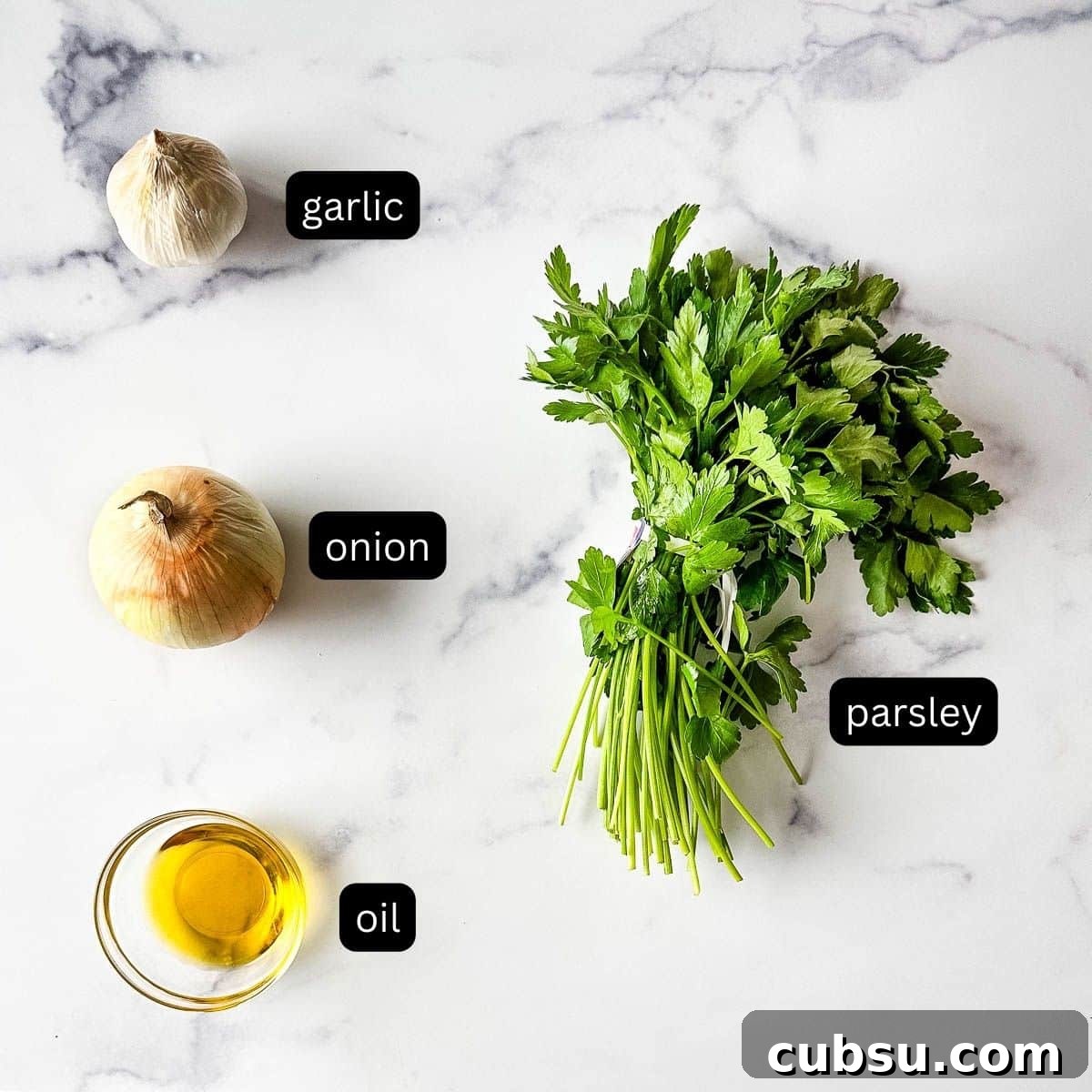 Optional ingredients for slow cooker sausage and peppers on a marble countertop.