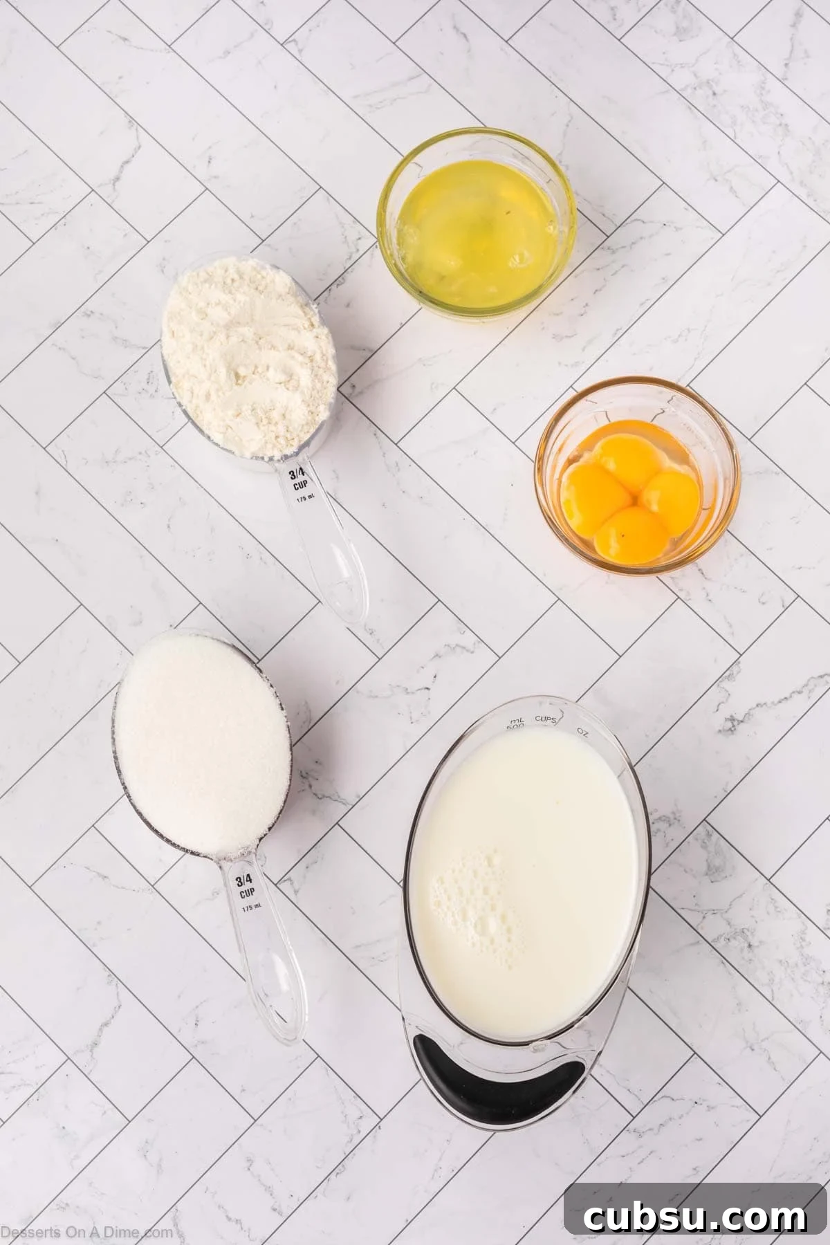 Make-Ahead Magic Cake Recipe: Fluffy Three-Ingredient Sponge 3 Ingredients for magi cake - eggs, flour, sugar, milk.