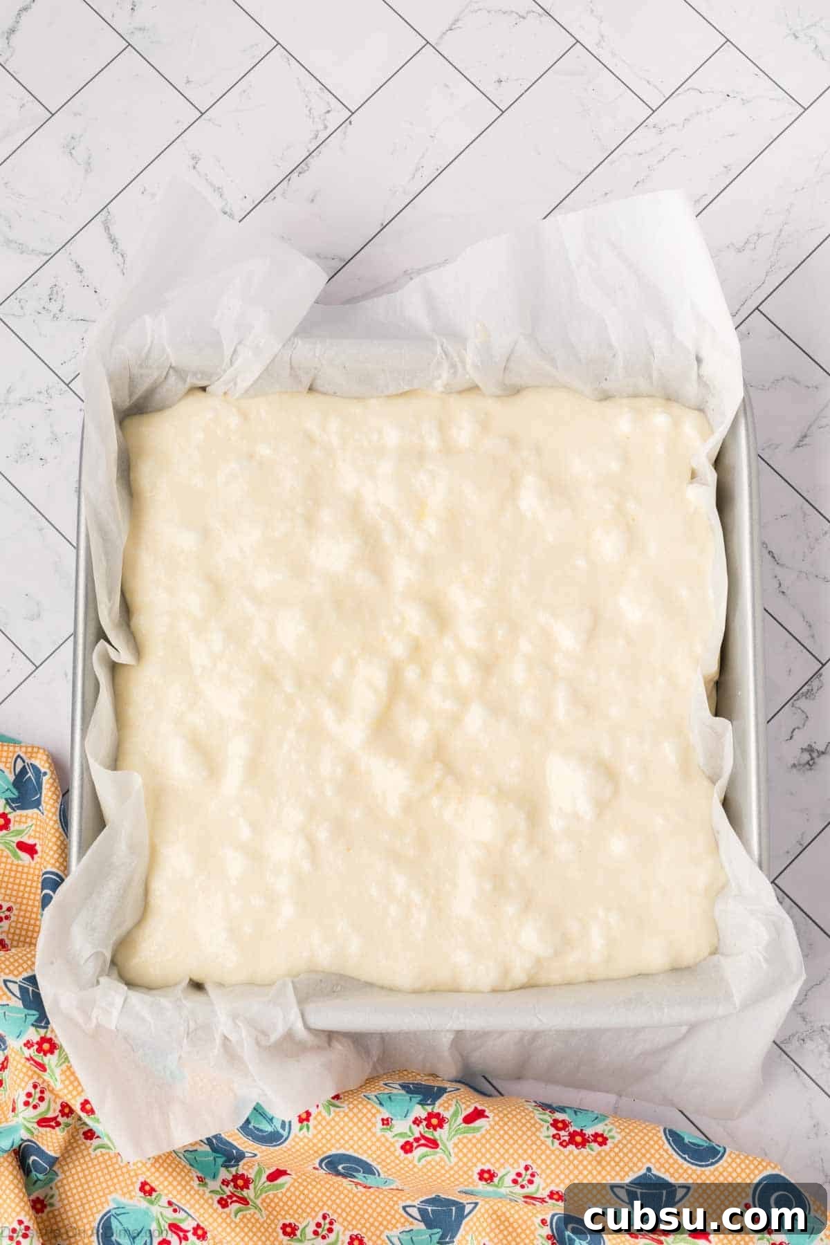Make-Ahead Magic Cake Recipe: Fluffy Three-Ingredient Sponge 10 Batter spread into pan.