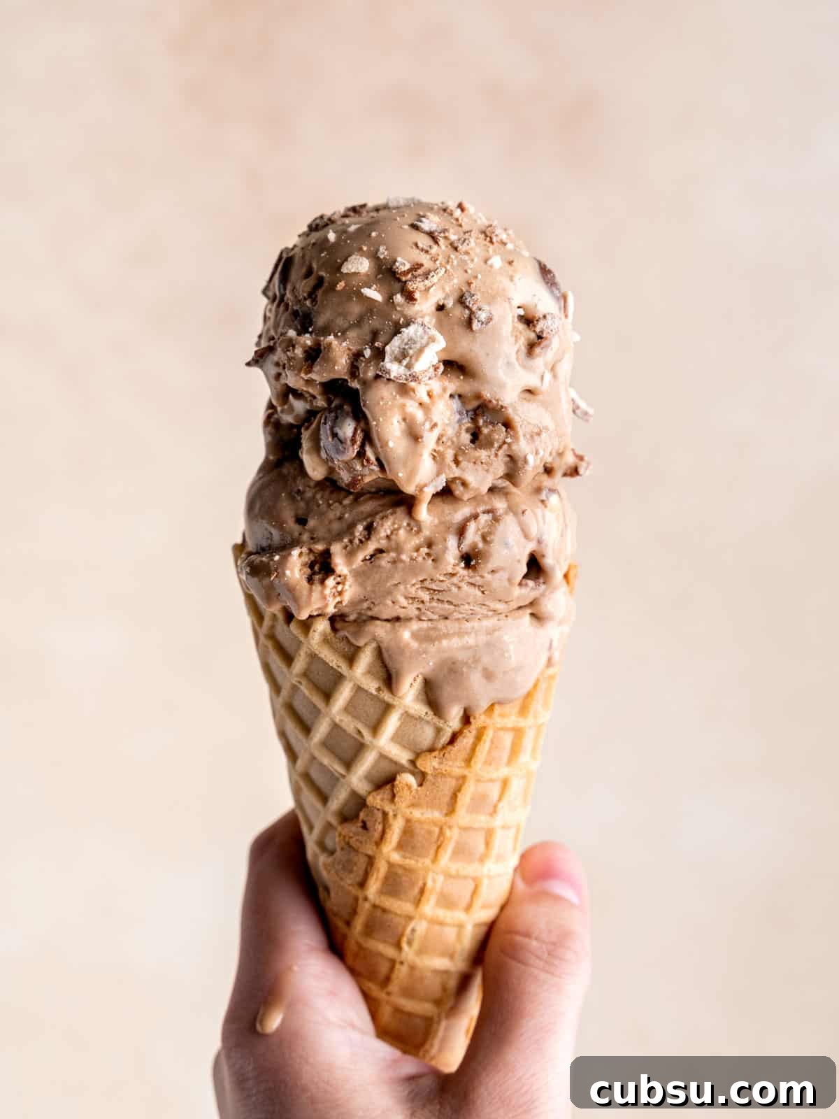 Scoops of homemade chocolate malted crunch ice cream in a waffle cone.