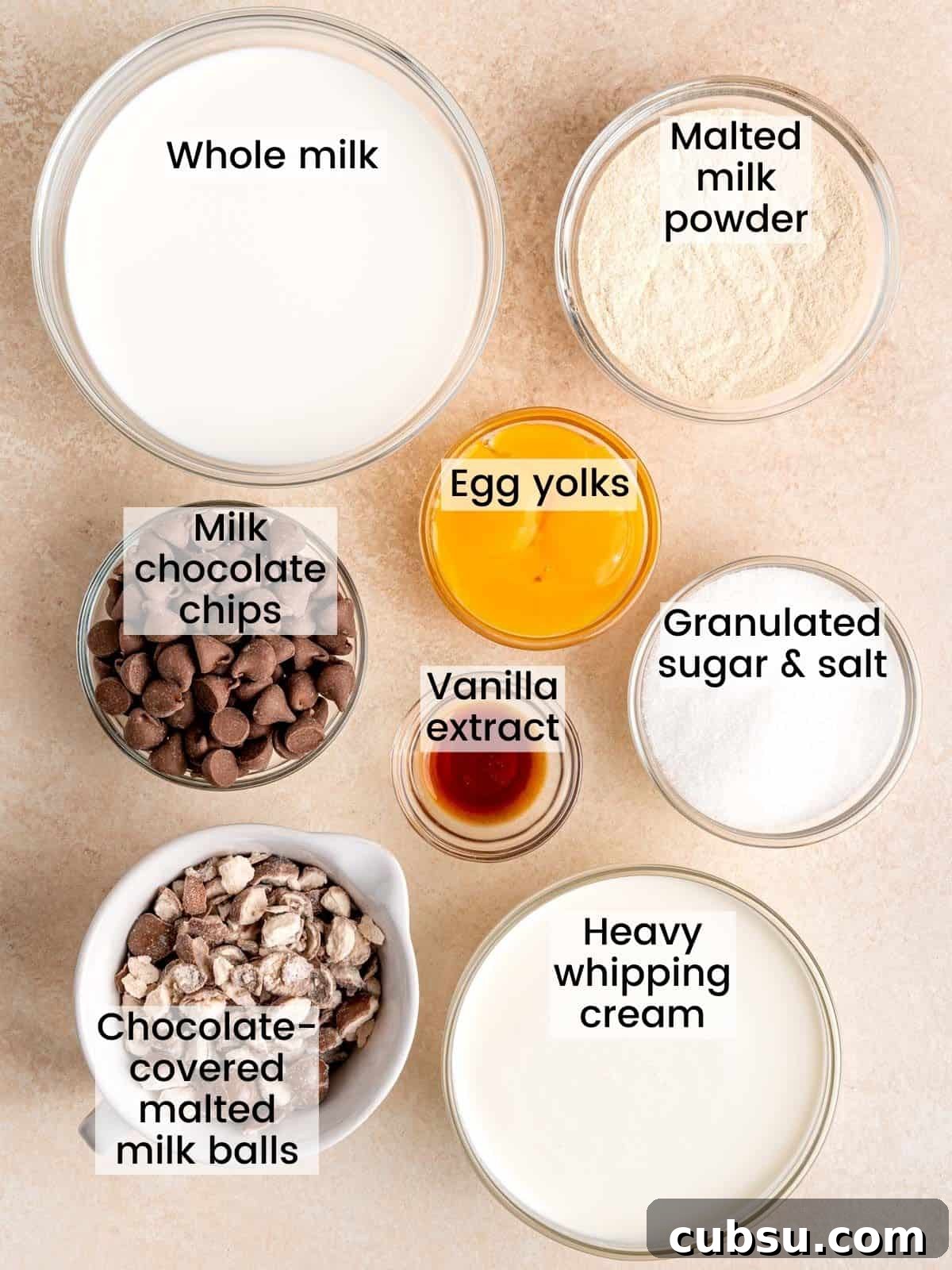 Ingredients needed to make homemade chocolate malt ice cream with Whoppers.