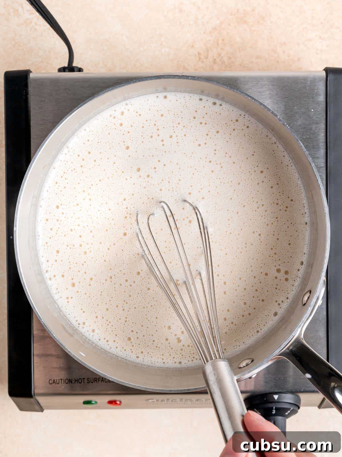 Whisking milk, heavy cream, malt powder, vanilla extract and salt in a pot.
