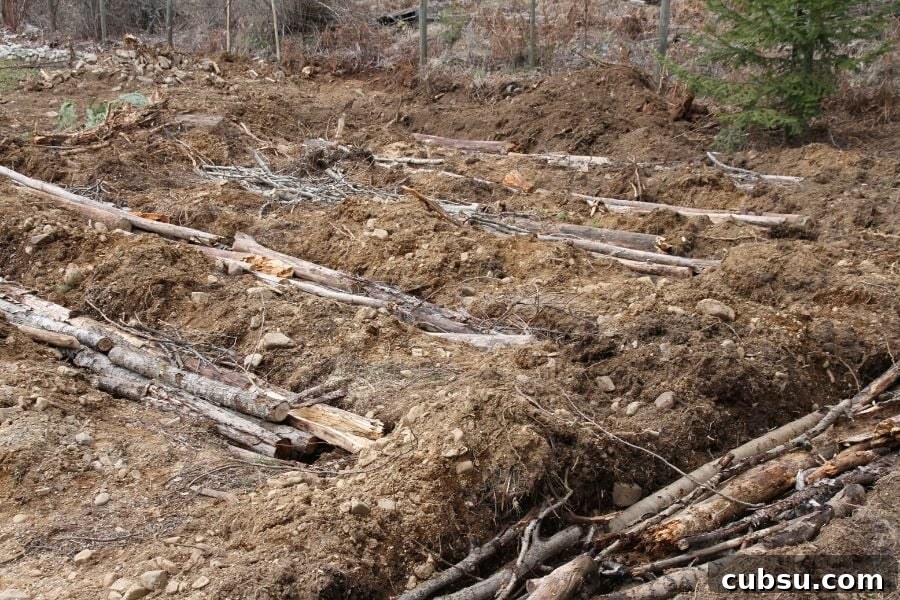 Logs lying in trenches, ready to be covered with good growing soil