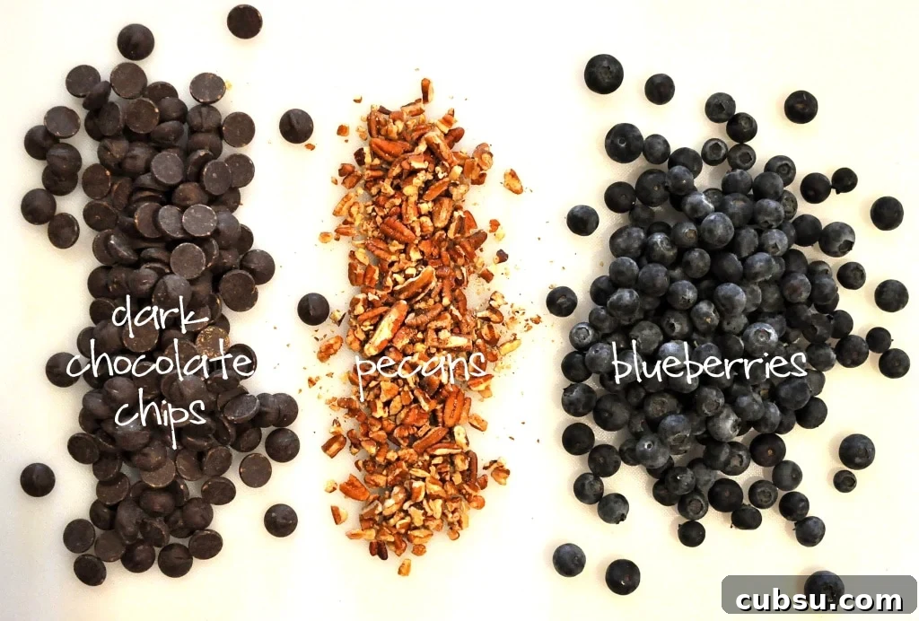 overhead view of the ingredients for dark chocolate blueberry clusters