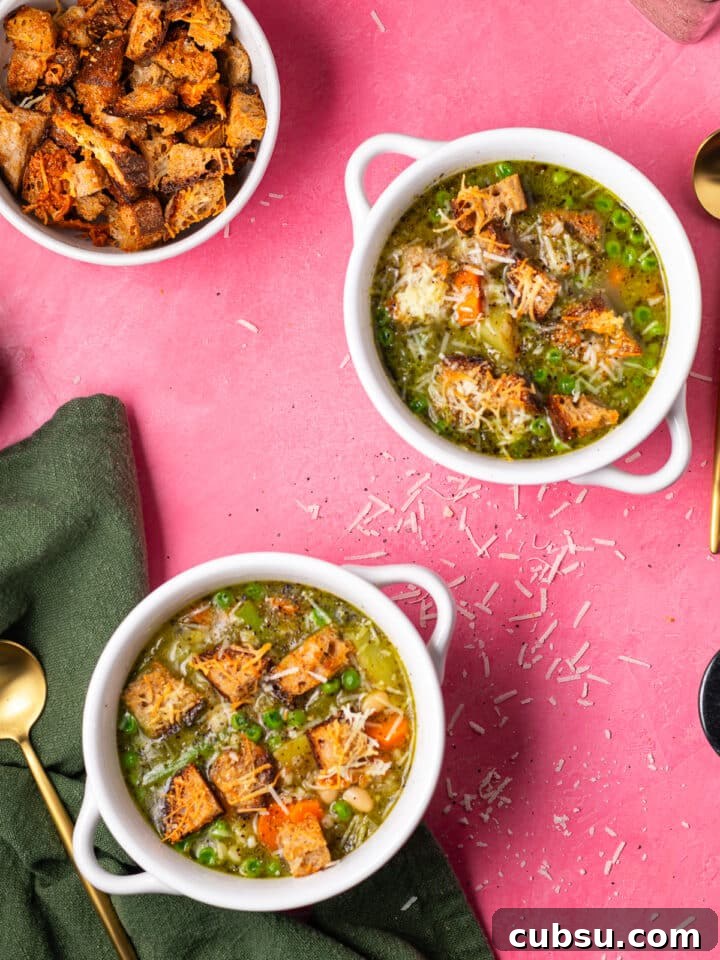 Two bowls of minestrone soup with pesto topped with crispy parmesan croutons