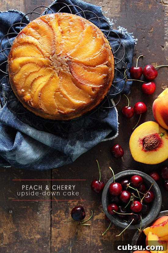 Peach and Cherry Upside-Down Cake Recipe 2 Peach & Cherry Upside-Down Cake via BakersRoyale