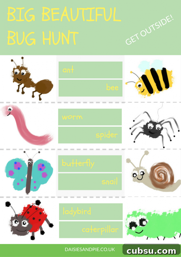 Fun Spring Activities for Kids: Outdoor Crafts, Games & Ideas 6 Garden bug hunt printable, preschool bug hunt printable checklist, bug hunt sheet, outdoor activities for kids, summer fun for kids