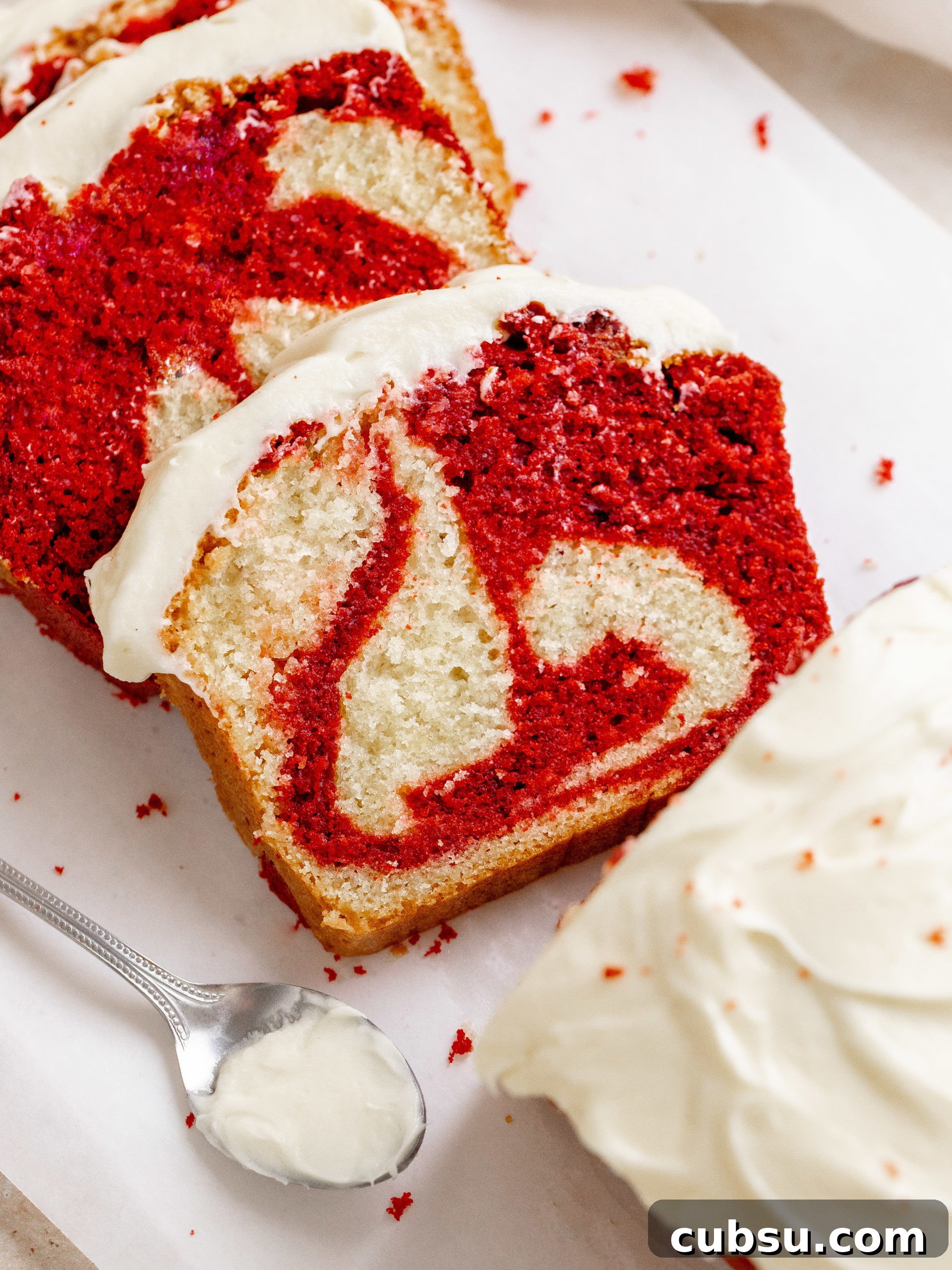 Moist Red Velvet Loaf Cake Recipe with Cream Cheese Glaze 3 Sliced red velvet loaf