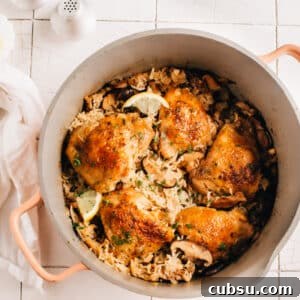 One Pot Easy Oven Baked Chicken and Rice with Lemon and Mushrooms