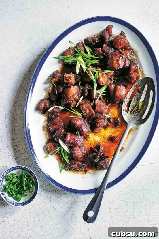 A blue-rimmed oval platter filled with Chairman Mao's red braised pork topped with sliced scallions and a serving spoon resting on the side.